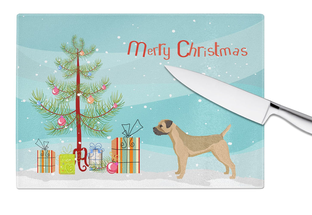 Border Terrier Christmas Tree Cutting Board Tempered Glass Kitchen Cutting Surface, Heat Resistant Chopping, Non-Slip Feet, Food Prep & Serving