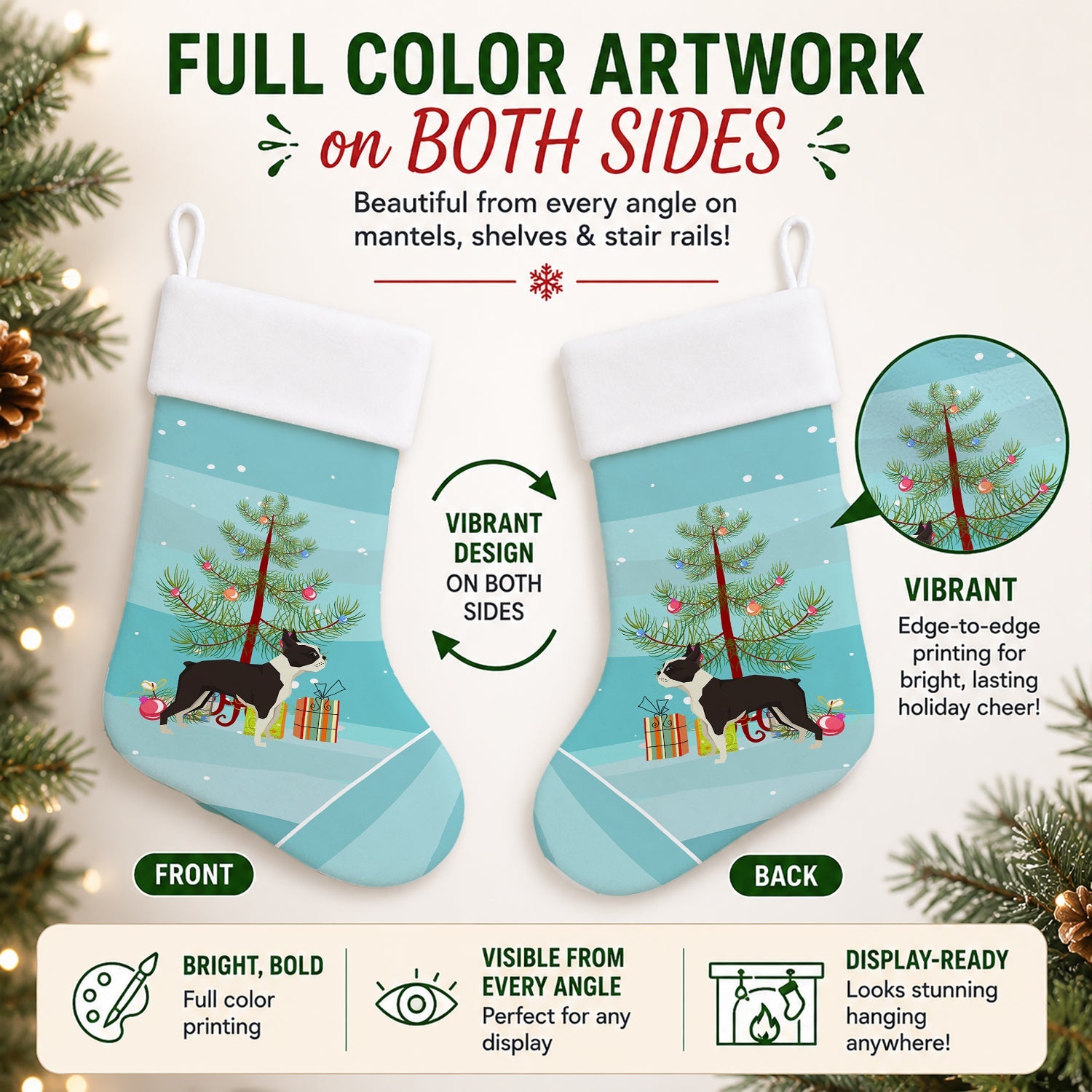 Boston Terrier Christmas Tree Holiday Stocking Double-Sided Print, Polyester Suede,11x18, Made in USA
