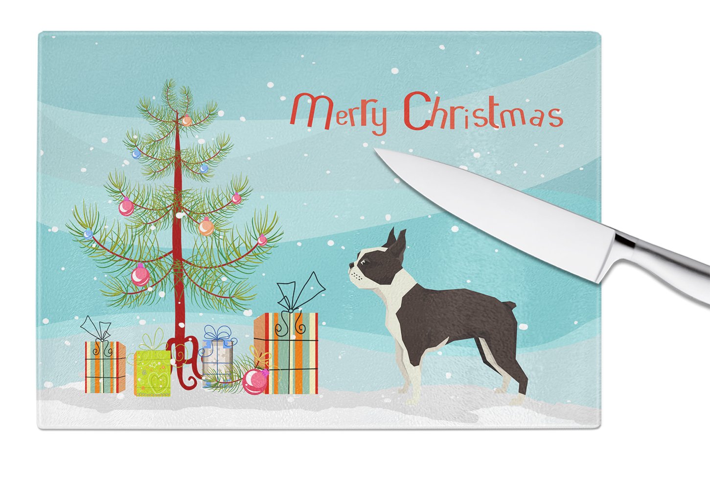 Boston Terrier Christmas Tree Cutting Board Tempered Glass Kitchen Cutting Surface, Heat Resistant Chopping, Non-Slip Feet, Food Prep & Serving