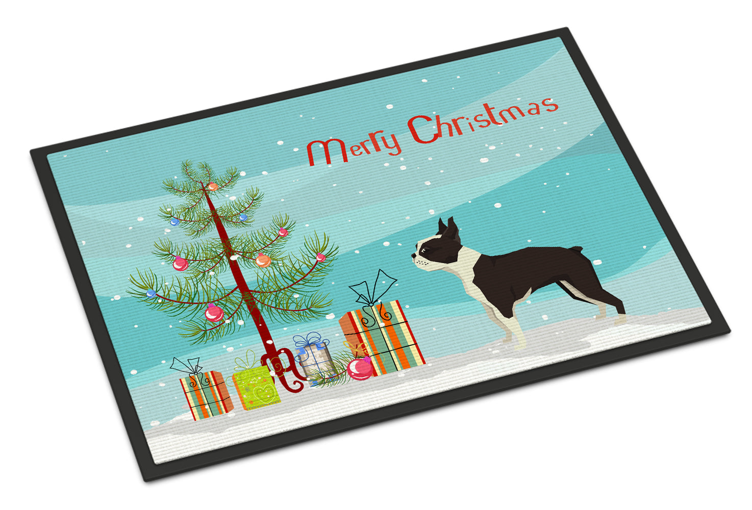 Boston Terrier Christmas Tree Doormat Indoor Outdoor 18H X 27W Front Door Mat Rugs for Entryway, Non Slip Washable