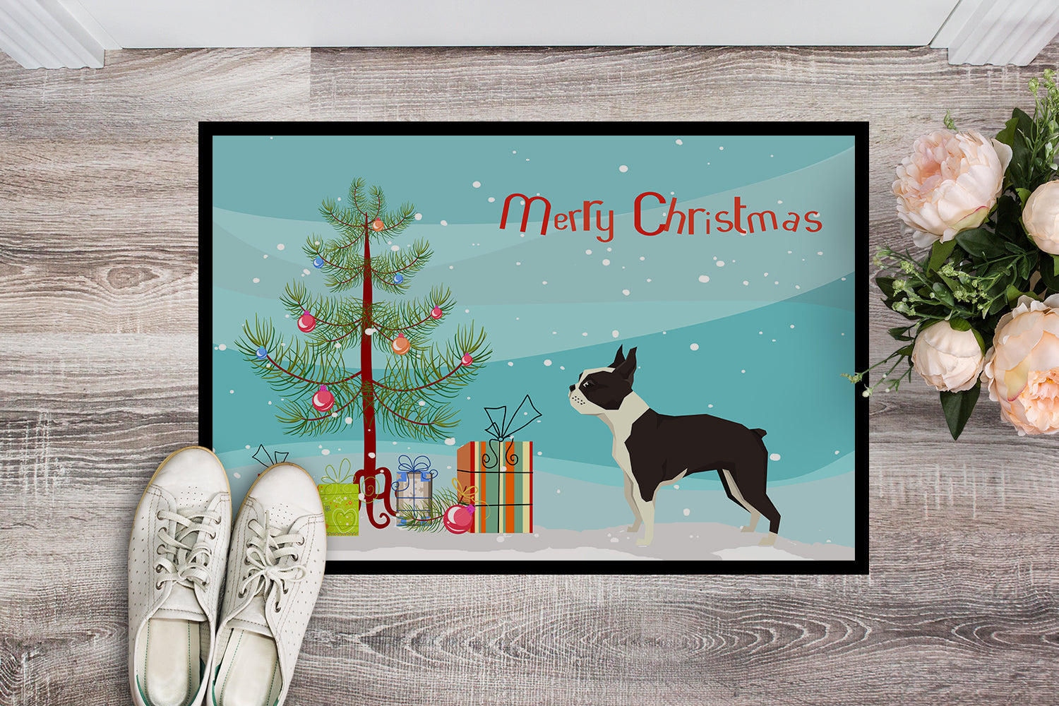 Boston Terrier Christmas Tree Doormat Indoor Outdoor 18H X 27W Front Door Mat Rugs for Entryway, Non Slip Washable