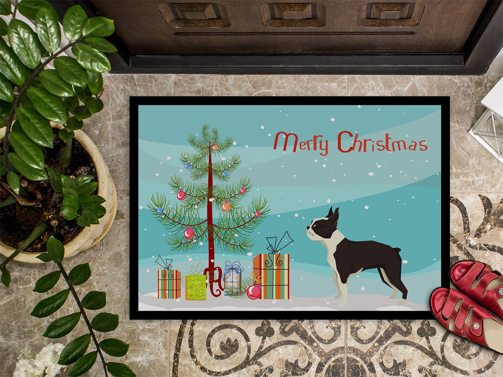 Boston Terrier Christmas Tree Doormat Indoor Outdoor 18H X 27W Front Door Mat Rugs for Entryway, Non Slip Washable