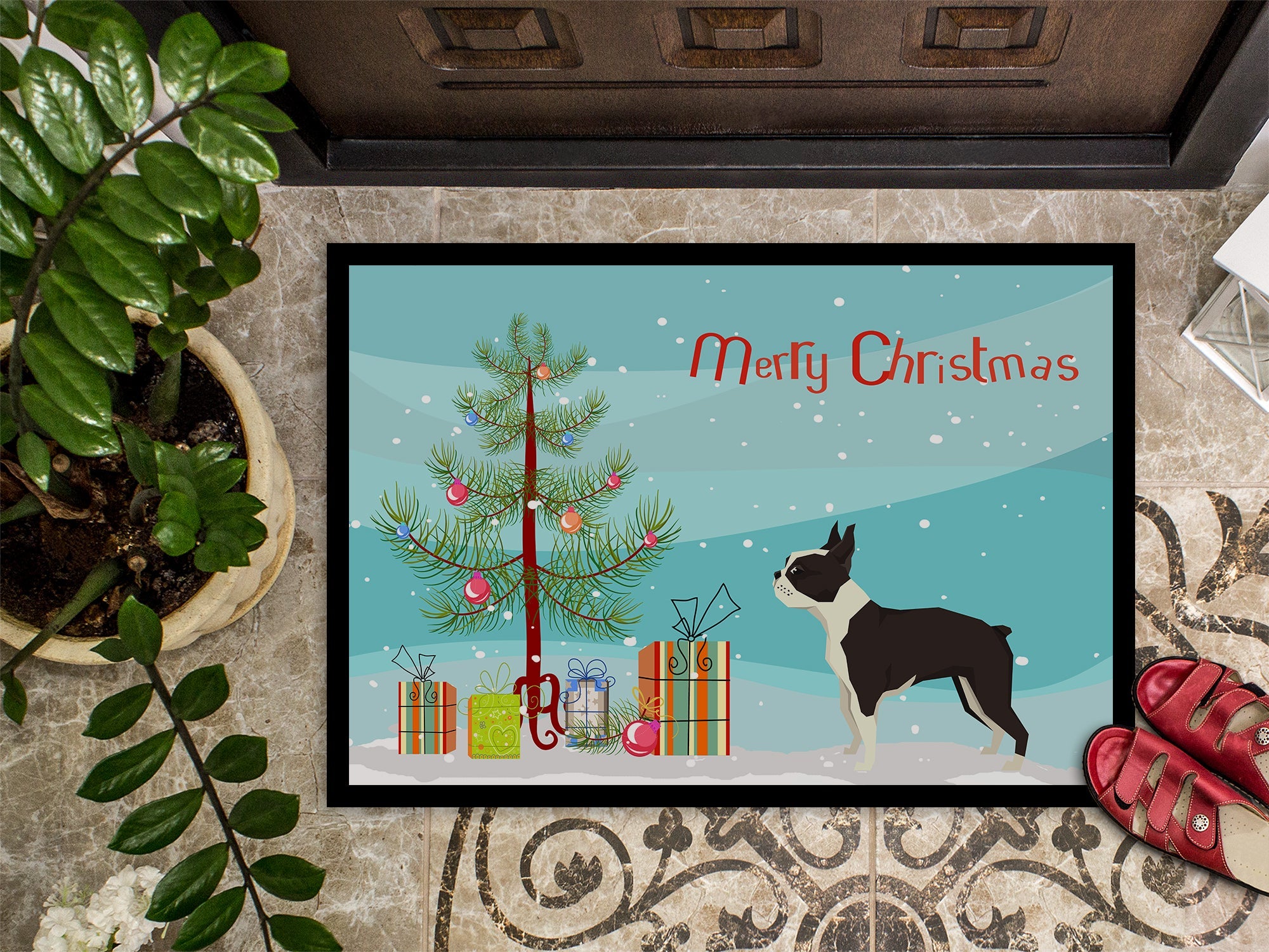 Boston Terrier Christmas Tree Doormat Indoor Outdoor 18H X 27W Front Door Mat Rugs for Entryway, Non Slip Washable