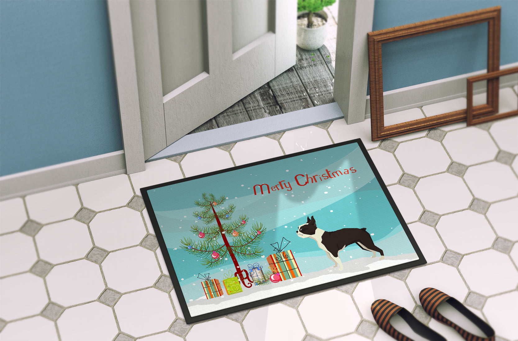 Boston Terrier Christmas Tree Doormat Indoor Outdoor 18H X 27W Front Door Mat Rugs for Entryway, Non Slip Washable