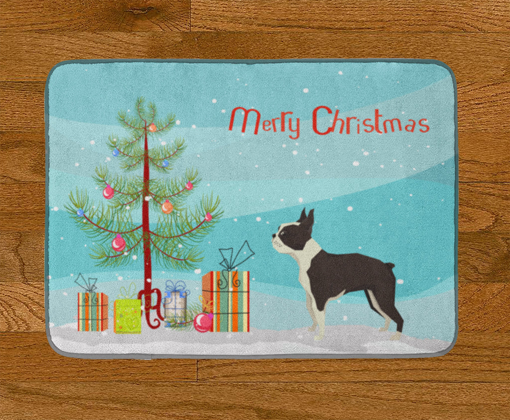 Boston Terrier Christmas Tree Memory Foam Kitchen Mat Machine Washable Anti-Fatigue Cushion Comfort Bath or Kitchen Rug