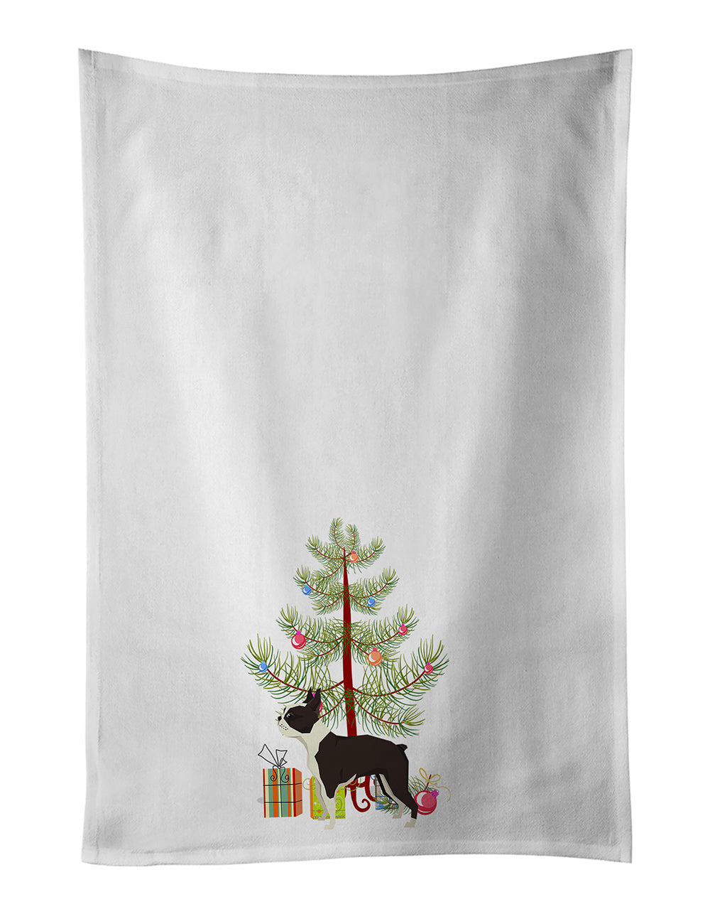 Boston Terrier Christmas Tree Kitchen Towel Set of 2 White Dish Towels Decorative Bathroom Hand towel for Hand, Face, Hair, Yoga, Tea, Dishcloth, 19 X 28", White