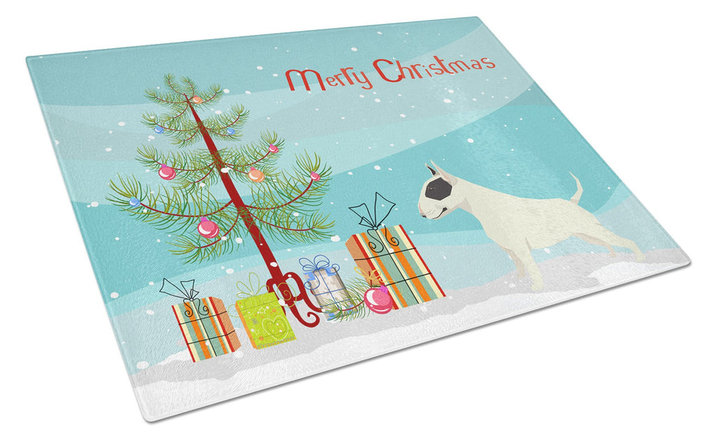 Black and White Bull Terrier Christmas Tree Cutting Board Tempered Glass Kitchen Cutting Surface, Heat Resistant Chopping, Non-Slip Feet, Food Prep & Serving