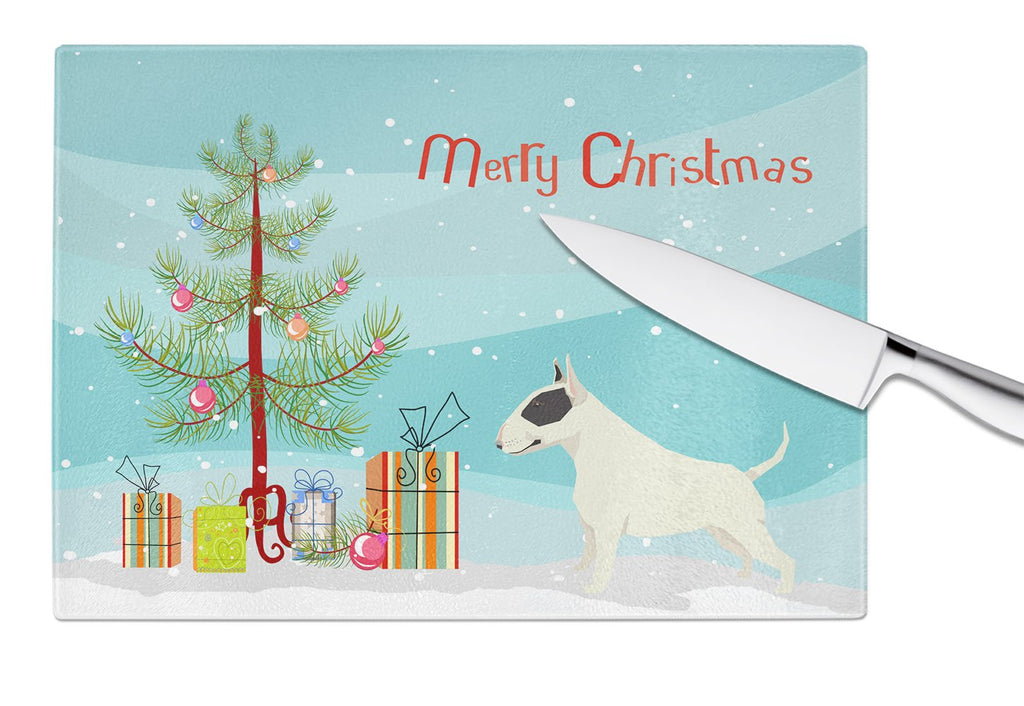 Black and White Bull Terrier Christmas Tree Cutting Board Tempered Glass Kitchen Cutting Surface, Heat Resistant Chopping, Non-Slip Feet, Food Prep & Serving