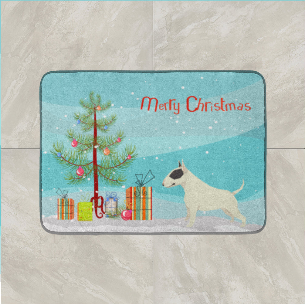 Black and White Bull Terrier Christmas Tree Memory Foam Kitchen Mat Machine Washable Anti-Fatigue Cushion Comfort Bath or Kitchen Rug