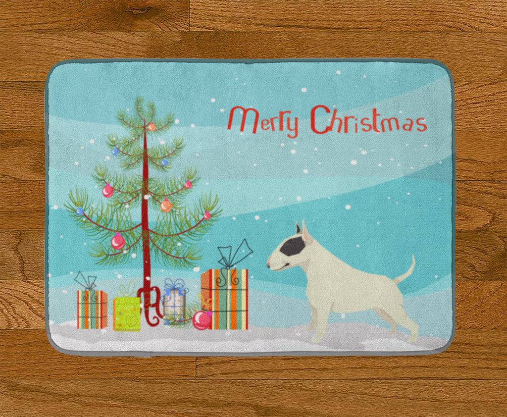 Black and White Bull Terrier Christmas Tree Memory Foam Kitchen Mat Machine Washable Anti-Fatigue Cushion Comfort Bath or Kitchen Rug