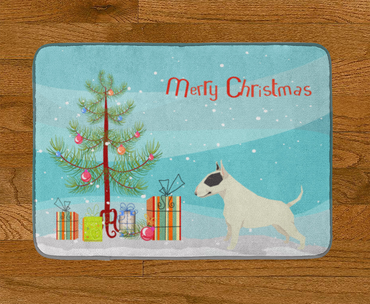Black and White Bull Terrier Christmas Tree Memory Foam Kitchen Mat Machine Washable Anti-Fatigue Cushion Comfort Bath or Kitchen Rug