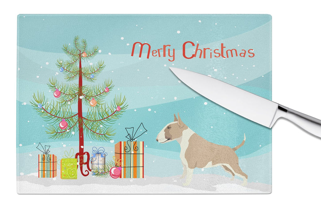 Fawn and White Bull Terrier Christmas Tree Cutting Board Tempered Glass Kitchen Cutting Surface, Heat Resistant Chopping, Non-Slip Feet, Food Prep & Serving
