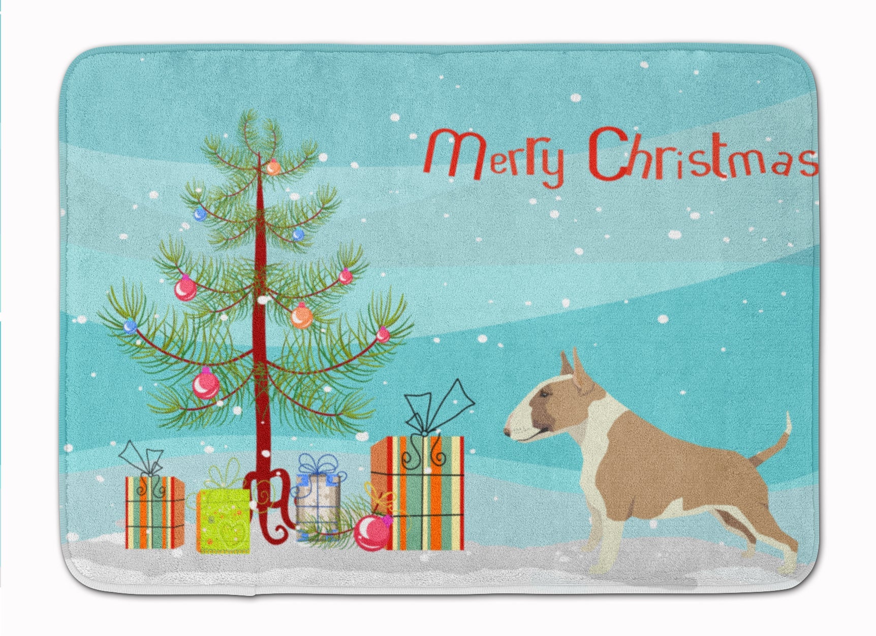 Fawn and White Bull Terrier Christmas Tree Memory Foam Kitchen Mat Machine Washable Anti-Fatigue Cushion Comfort Bath or Kitchen Rug