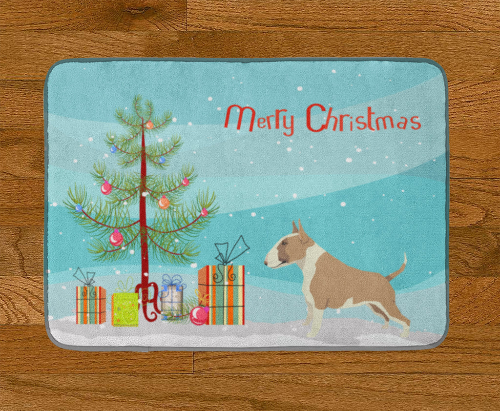 Fawn and White Bull Terrier Christmas Tree Memory Foam Kitchen Mat Machine Washable Anti-Fatigue Cushion Comfort Bath or Kitchen Rug