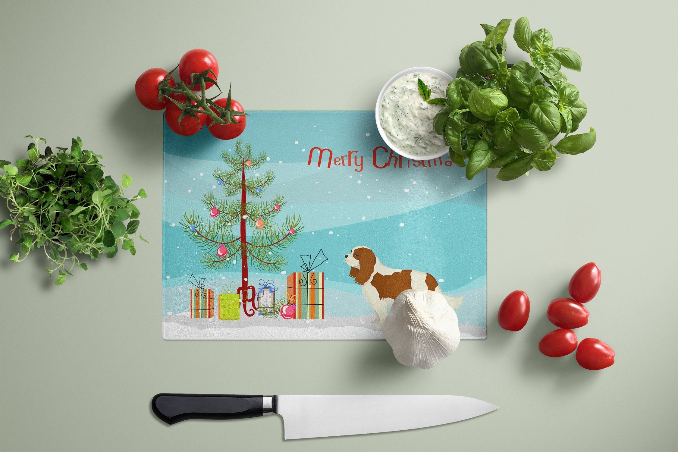 Cavalier Spaniel Christmas Tree Cutting Board Tempered Glass Kitchen Cutting Surface, Heat Resistant Chopping, Non-Slip Feet, Food Prep & Serving