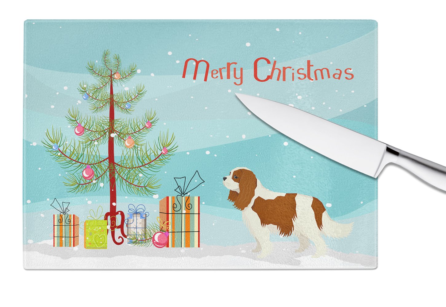 Cavalier Spaniel Christmas Tree Cutting Board Tempered Glass Kitchen Cutting Surface, Heat Resistant Chopping, Non-Slip Feet, Food Prep & Serving