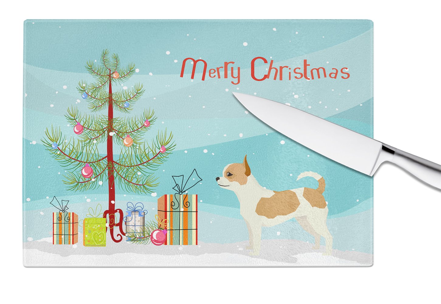 Chihuahua Christmas Tree Cutting Board Tempered Glass Kitchen Cutting Surface, Heat Resistant Chopping, Non-Slip Feet, Food Prep & Serving