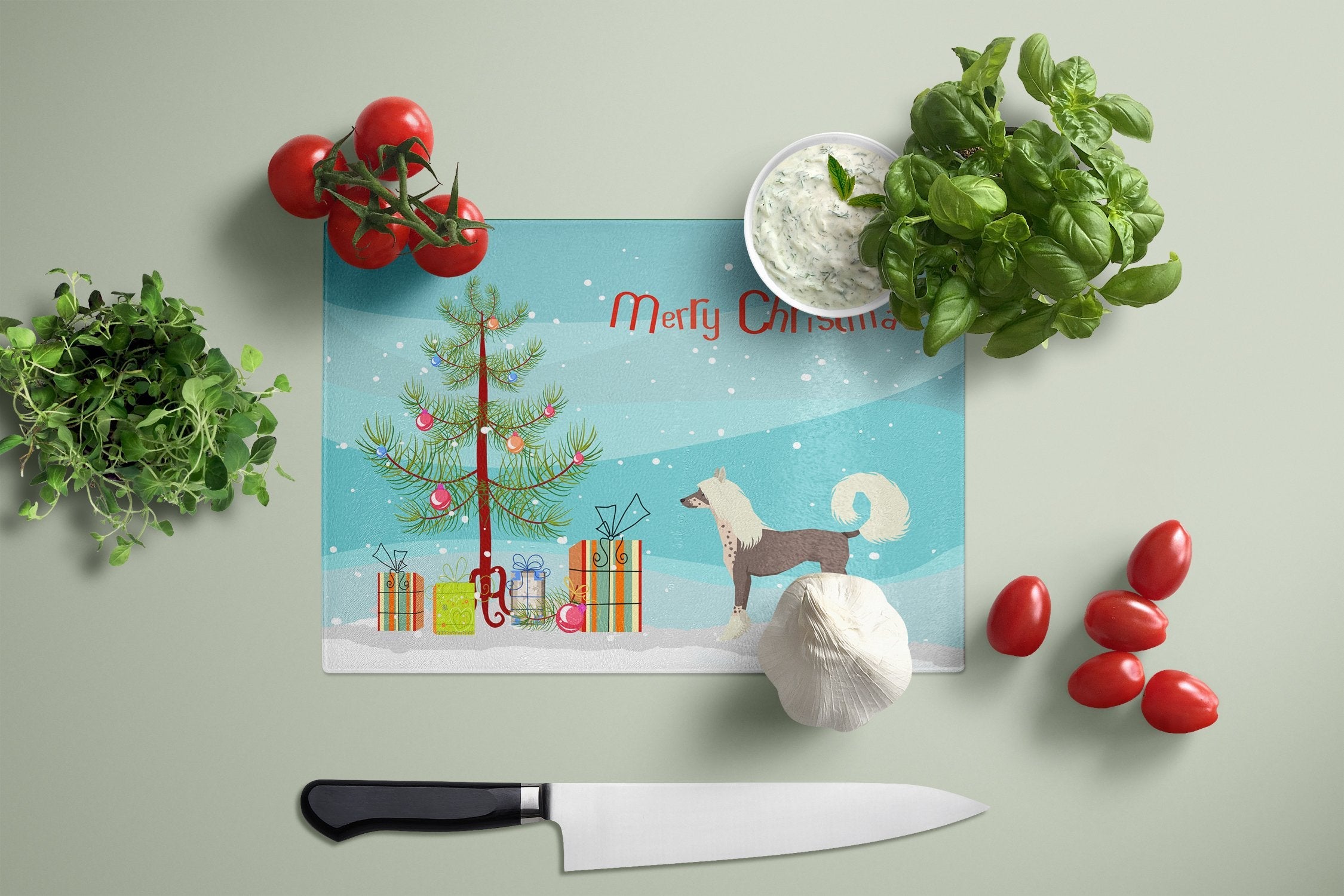 Chinese Crested Christmas Tree Cutting Board Tempered Glass Kitchen Cutting Surface, Heat Resistant Chopping, Non-Slip Feet, Food Prep & Serving
