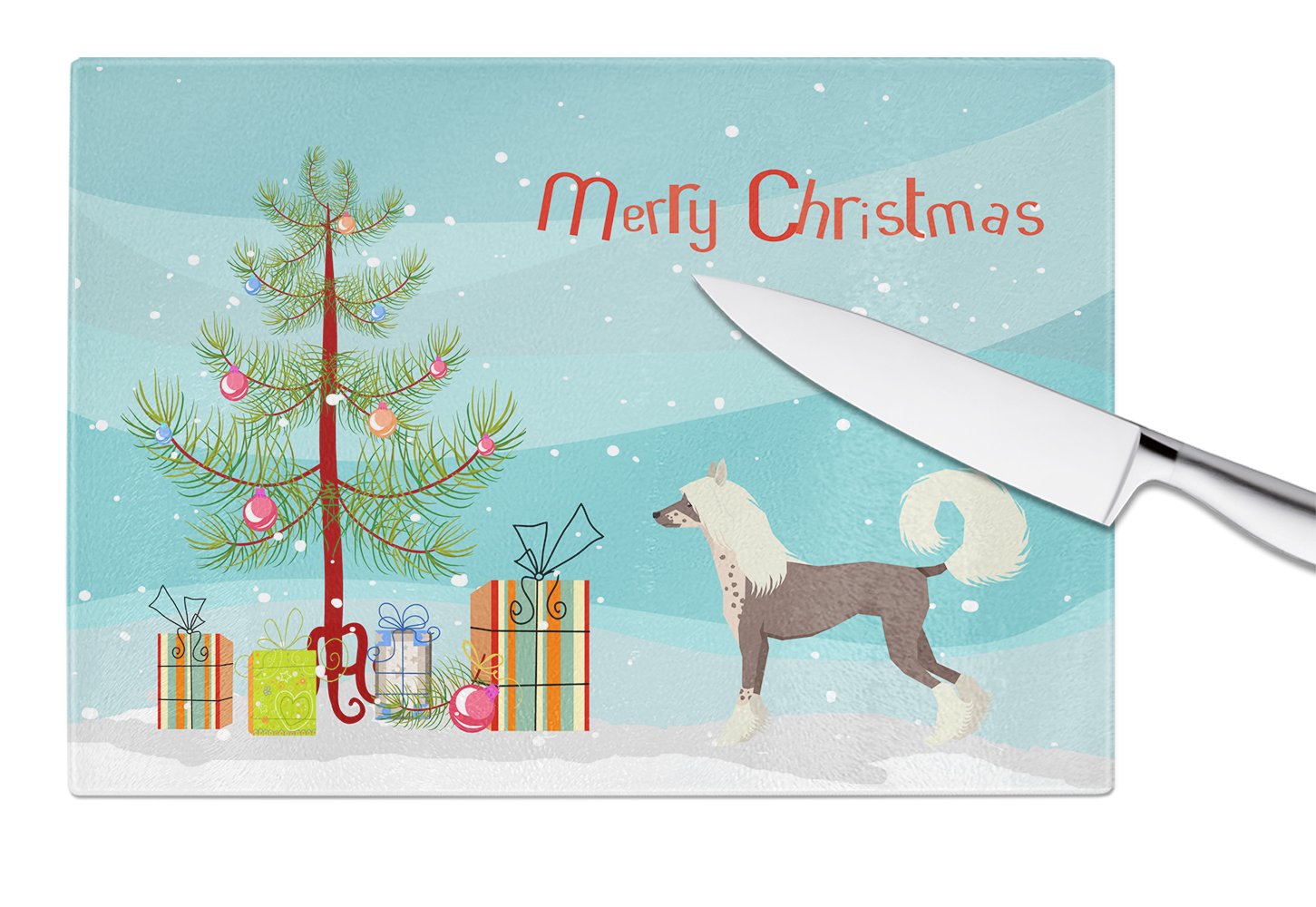 Chinese Crested Christmas Tree Cutting Board Tempered Glass Kitchen Cutting Surface, Heat Resistant Chopping, Non-Slip Feet, Food Prep & Serving