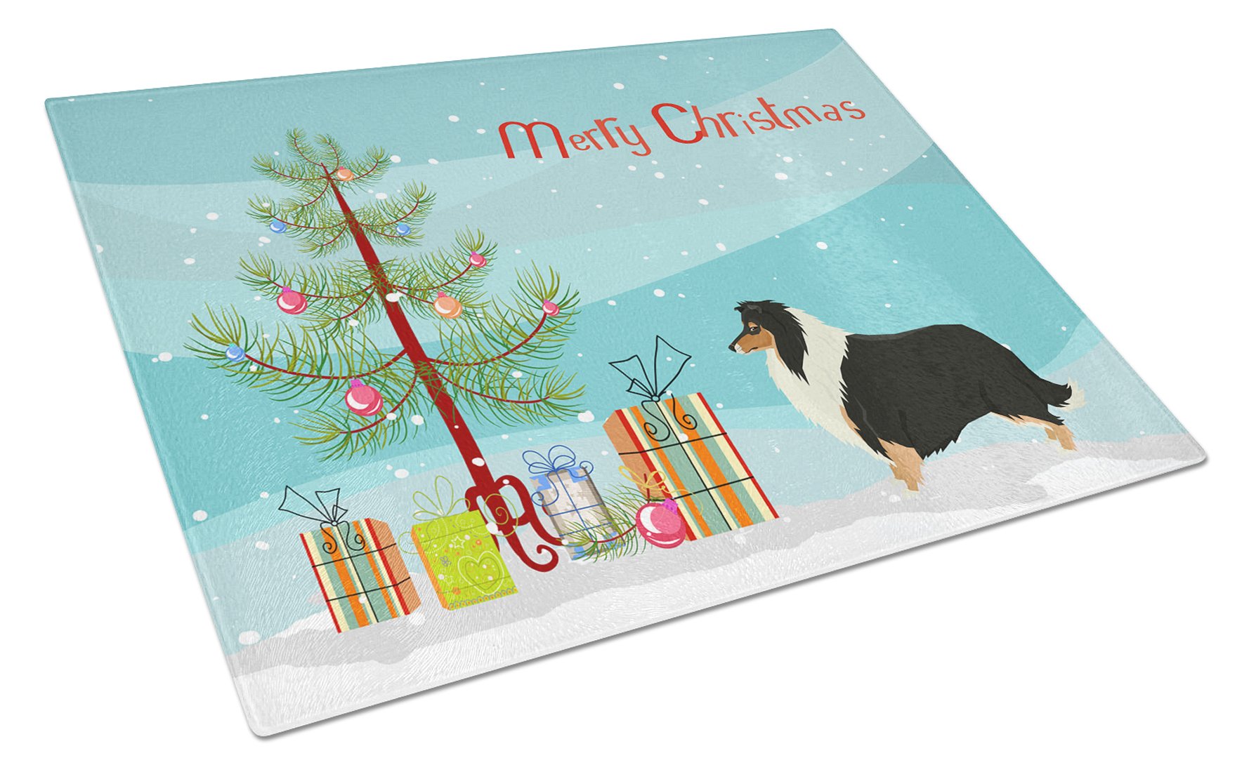 Collie Christmas Tree Cutting Board Tempered Glass Kitchen Cutting Surface, Heat Resistant Chopping, Non-Slip Feet, Food Prep & Serving