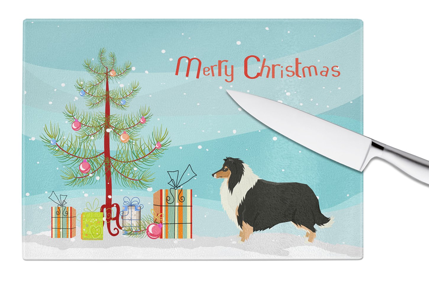 Collie Christmas Tree Cutting Board Tempered Glass Kitchen Cutting Surface, Heat Resistant Chopping, Non-Slip Feet, Food Prep & Serving