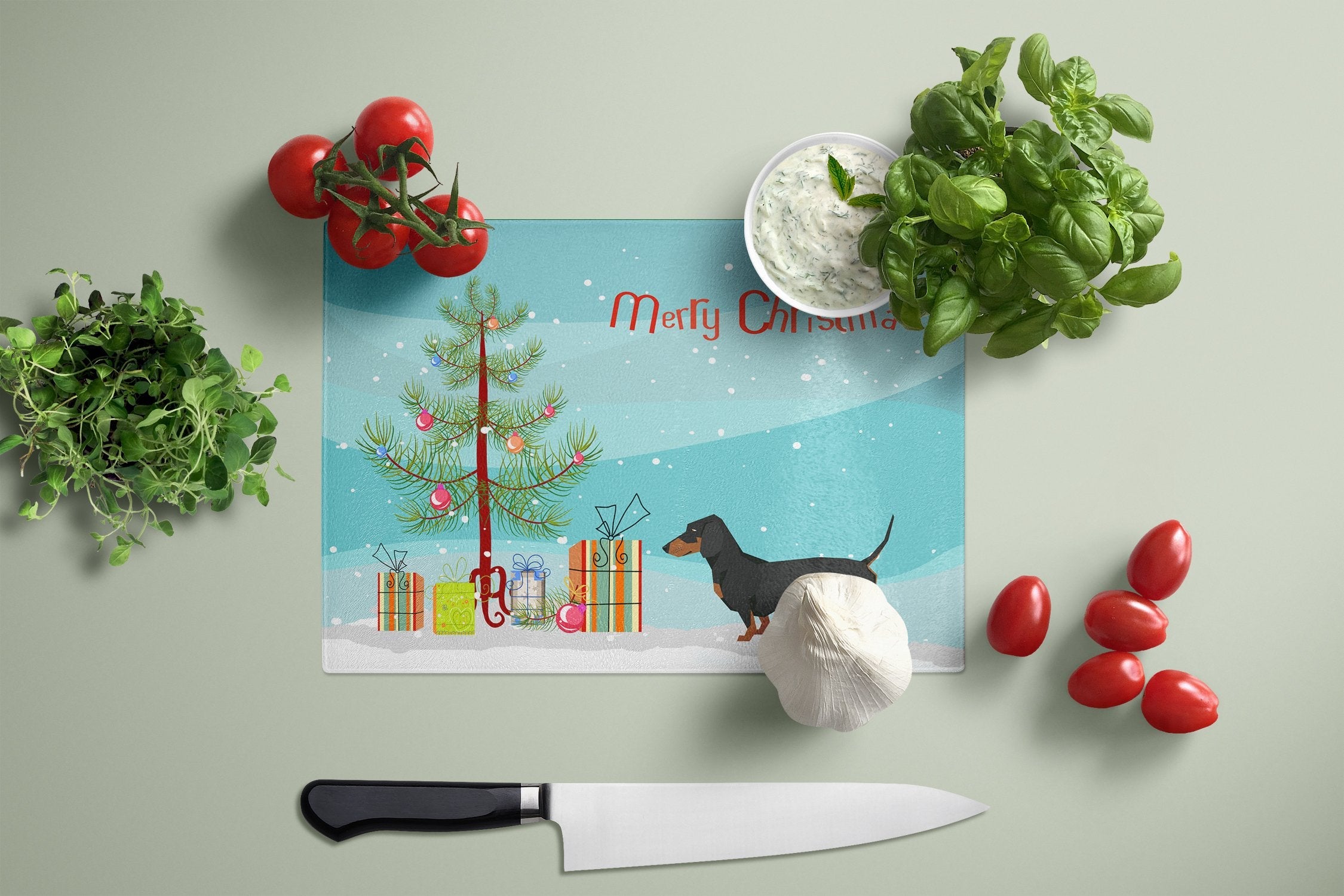 Dachshund Christmas Tree Cutting Board Tempered Glass Kitchen Cutting Surface, Heat Resistant Chopping, Non-Slip Feet, Food Prep & Serving