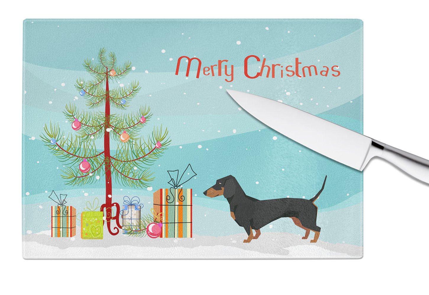 Dachshund Christmas Tree Cutting Board Tempered Glass Kitchen Cutting Surface, Heat Resistant Chopping, Non-Slip Feet, Food Prep & Serving