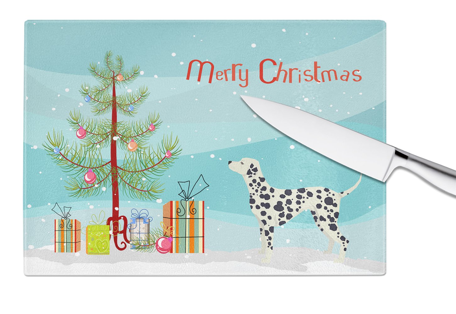 Dalmatian Christmas Tree Cutting Board Tempered Glass Kitchen Cutting Surface, Heat Resistant Chopping, Non-Slip Feet, Food Prep & Serving