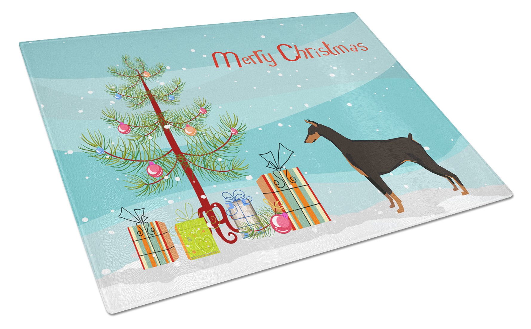 Doberman Pinscher Christmas Tree Cutting Board Tempered Glass Kitchen Cutting Surface, Heat Resistant Chopping, Non-Slip Feet, Food Prep & Serving