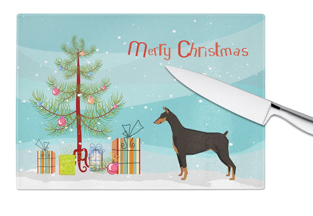 Doberman Pinscher Christmas Tree Cutting Board Tempered Glass Kitchen Cutting Surface, Heat Resistant Chopping, Non-Slip Feet, Food Prep & Serving