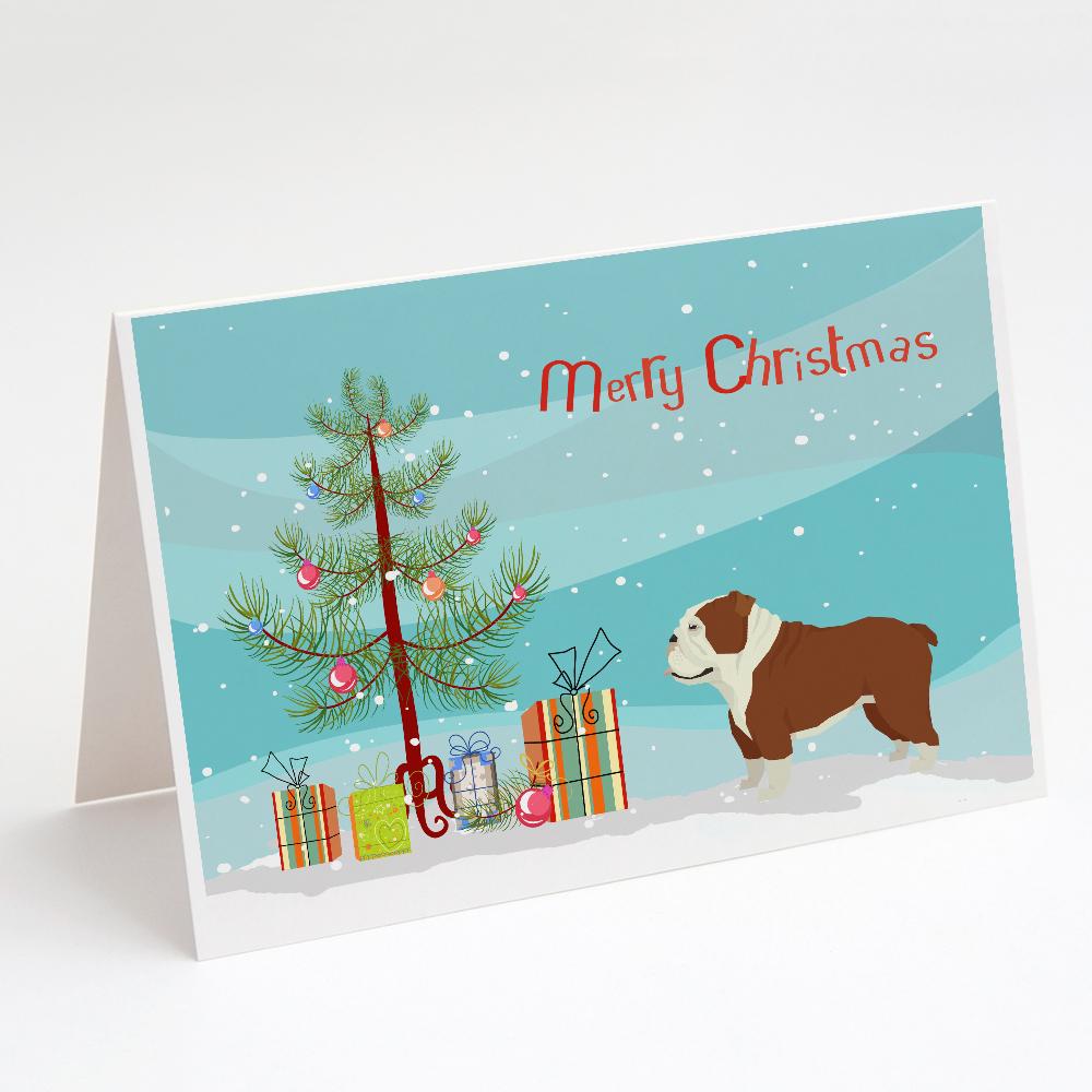 English Bulldog Christmas Tree Greeting Cards Pack of 8 Blank Cards with Envelopes Whimsical A7 Size 5x7