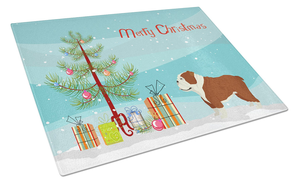 English Bulldog Christmas Tree Cutting Board Tempered Glass Kitchen Cutting Surface, Heat Resistant Chopping, Non-Slip Feet, Food Prep & Serving
