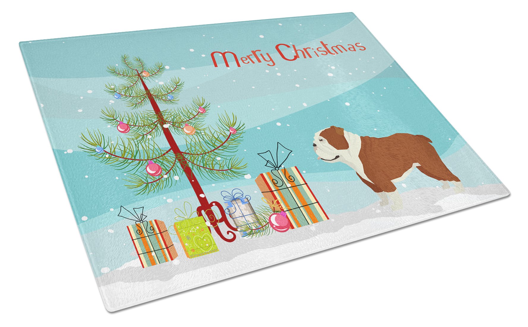 English Bulldog Christmas Tree Cutting Board Tempered Glass Kitchen Cutting Surface, Heat Resistant Chopping, Non-Slip Feet, Food Prep & Serving