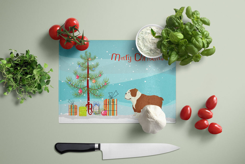 English Bulldog Christmas Tree Cutting Board Tempered Glass Kitchen Cutting Surface, Heat Resistant Chopping, Non-Slip Feet, Food Prep & Serving