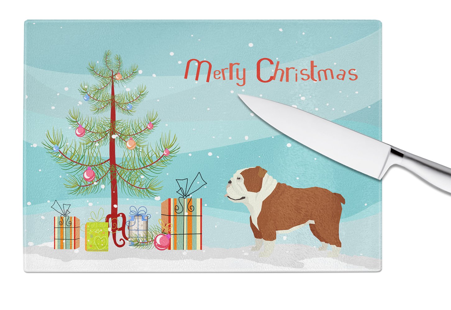 English Bulldog Christmas Tree Cutting Board Tempered Glass Kitchen Cutting Surface, Heat Resistant Chopping, Non-Slip Feet, Food Prep & Serving