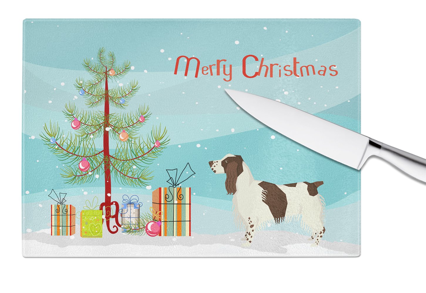 English Springer Spaniel Christmas Tree Cutting Board Tempered Glass Kitchen Cutting Surface, Heat Resistant Chopping, Non-Slip Feet, Food Prep & Serving