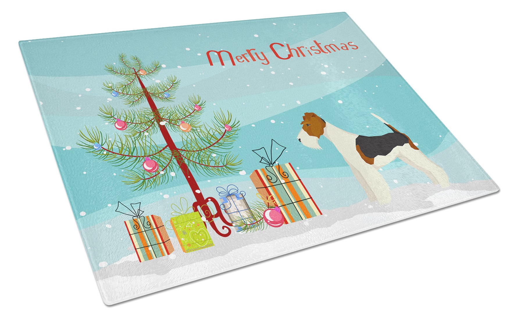 Fox Terrier Christmas Tree Cutting Board Tempered Glass Kitchen Cutting Surface, Heat Resistant Chopping, Non-Slip Feet, Food Prep & Serving