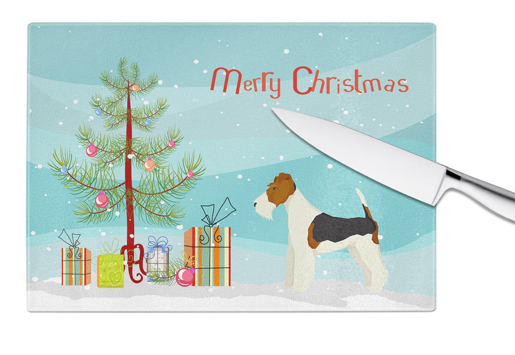 Fox Terrier Christmas Tree Cutting Board Tempered Glass Kitchen Cutting Surface, Heat Resistant Chopping, Non-Slip Feet, Food Prep & Serving