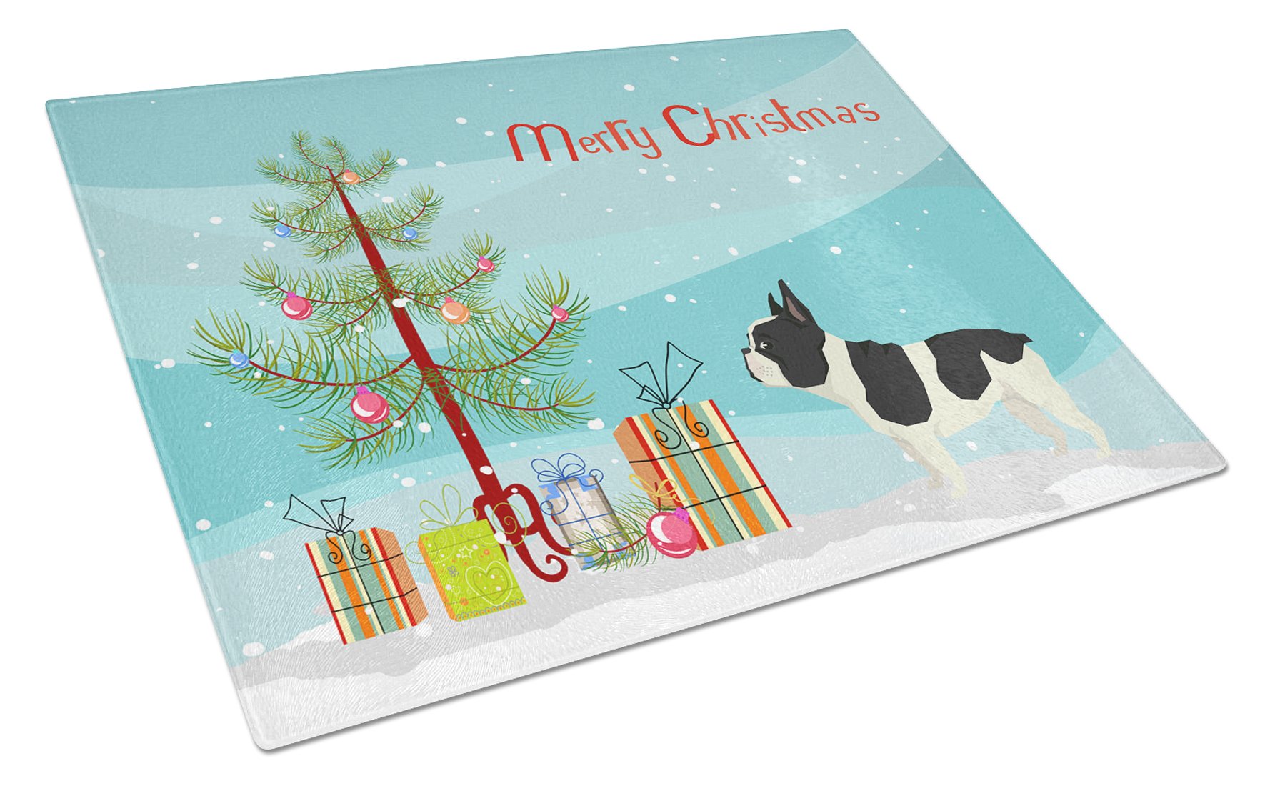 French Bulldog Christmas Tree Cutting Board Tempered Glass Kitchen Cutting Surface, Heat Resistant Chopping, Non-Slip Feet, Food Prep & Serving