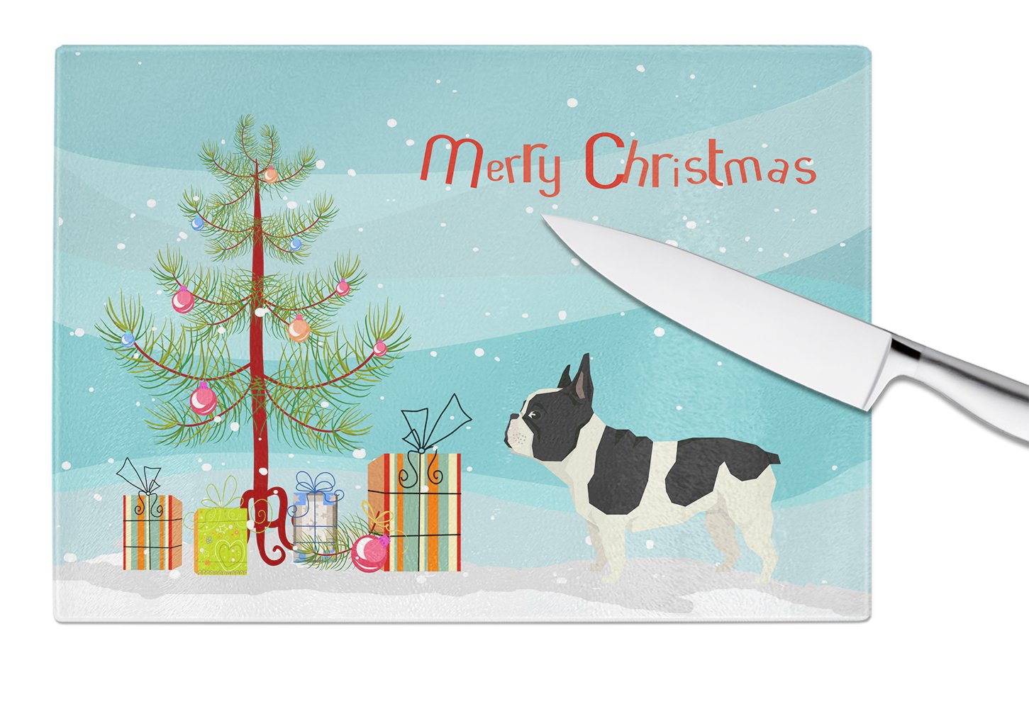 French Bulldog Christmas Tree Cutting Board Tempered Glass Kitchen Cutting Surface, Heat Resistant Chopping, Non-Slip Feet, Food Prep & Serving