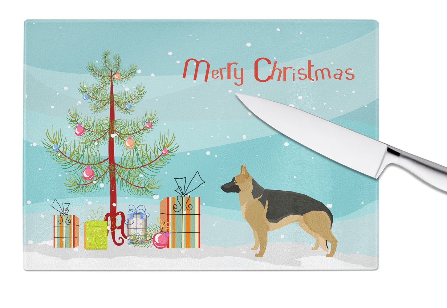 German Shepherd Christmas Tree Cutting Board Tempered Glass Kitchen Cutting Surface, Heat Resistant Chopping, Non-Slip Feet, Food Prep & Serving