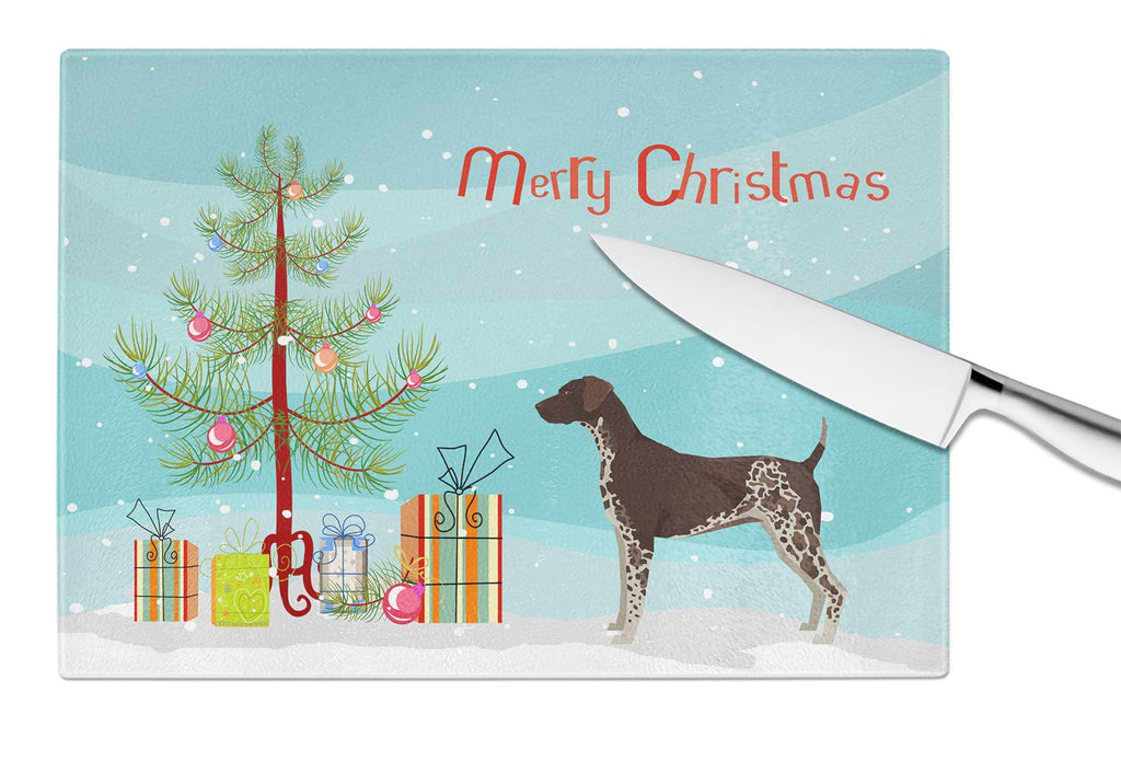 German Shorthaired Pointer Christmas Tree Cutting Board Tempered Glass Kitchen Cutting Surface, Heat Resistant Chopping, Non-Slip Feet, Food Prep & Serving