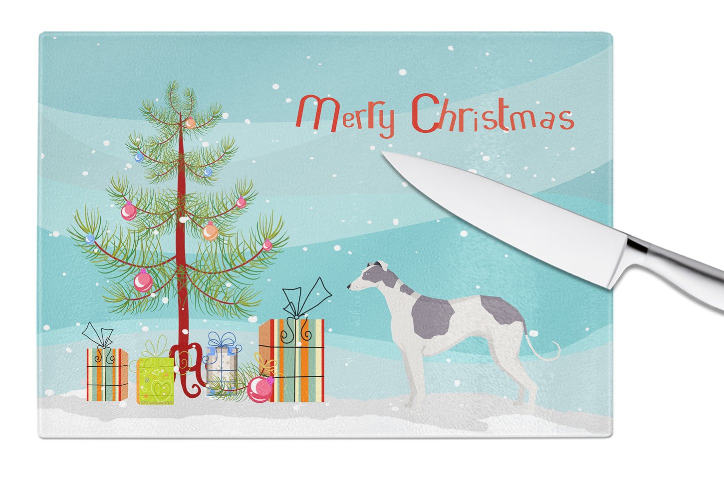 Greyhound Christmas Tree Cutting Board Tempered Glass Kitchen Cutting Surface, Heat Resistant Chopping, Non-Slip Feet, Food Prep & Serving
