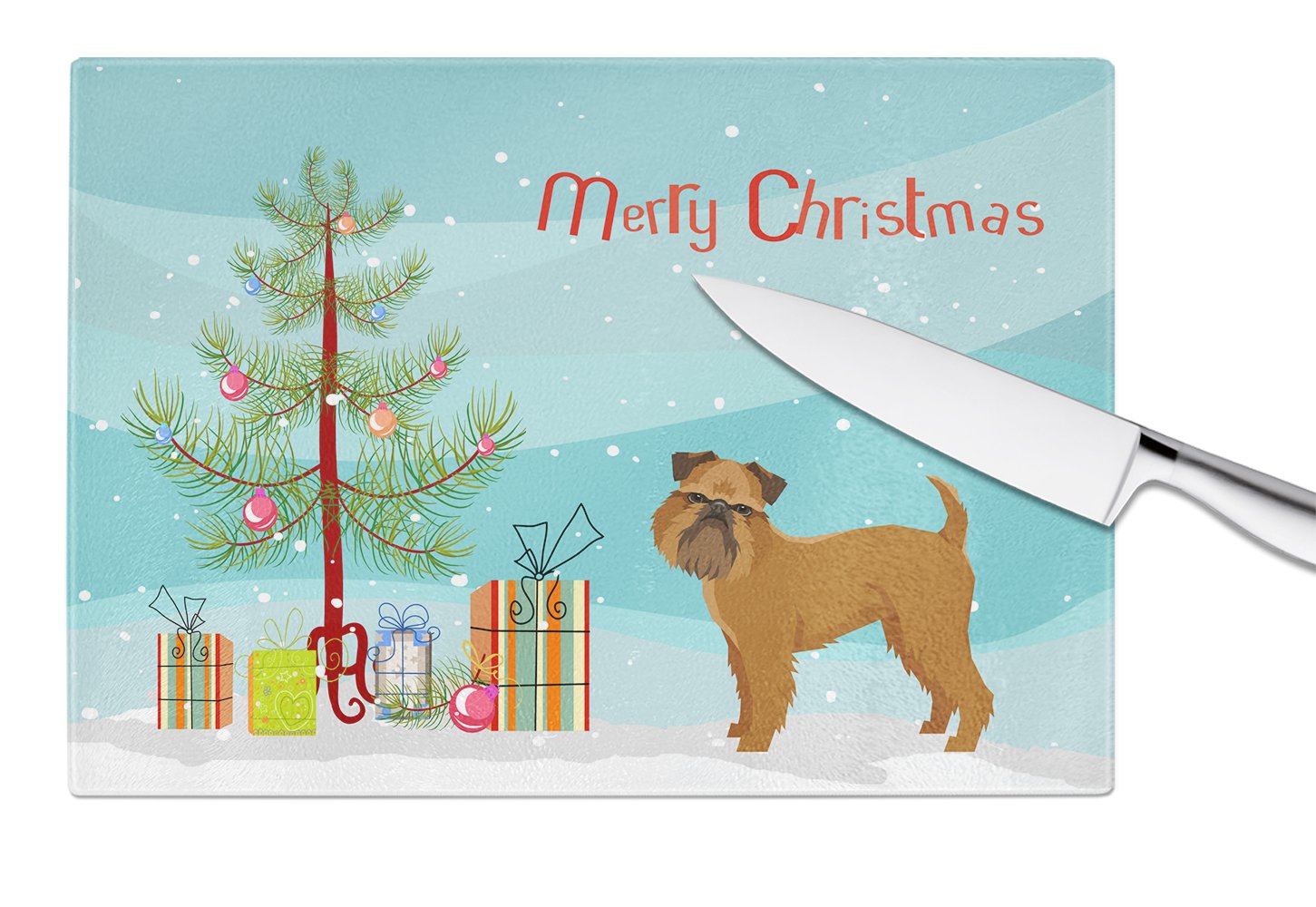 Brussels Griffon Christmas Tree Cutting Board Tempered Glass Kitchen Cutting Surface, Heat Resistant Chopping, Non-Slip Feet, Food Prep & Serving