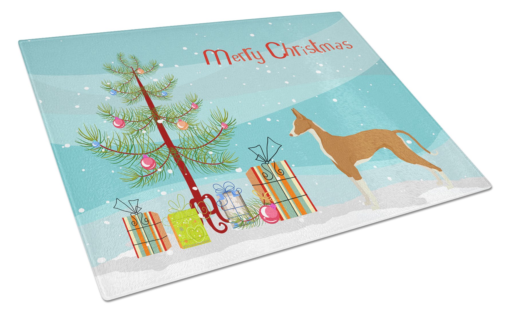Ibizan Hound Christmas Tree Cutting Board Tempered Glass Kitchen Cutting Surface, Heat Resistant Chopping, Non-Slip Feet, Food Prep & Serving