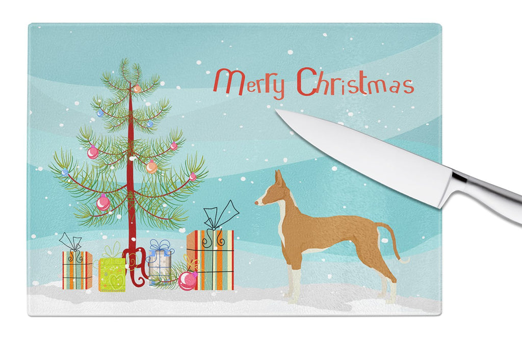 Ibizan Hound Christmas Tree Cutting Board Tempered Glass Kitchen Cutting Surface, Heat Resistant Chopping, Non-Slip Feet, Food Prep & Serving