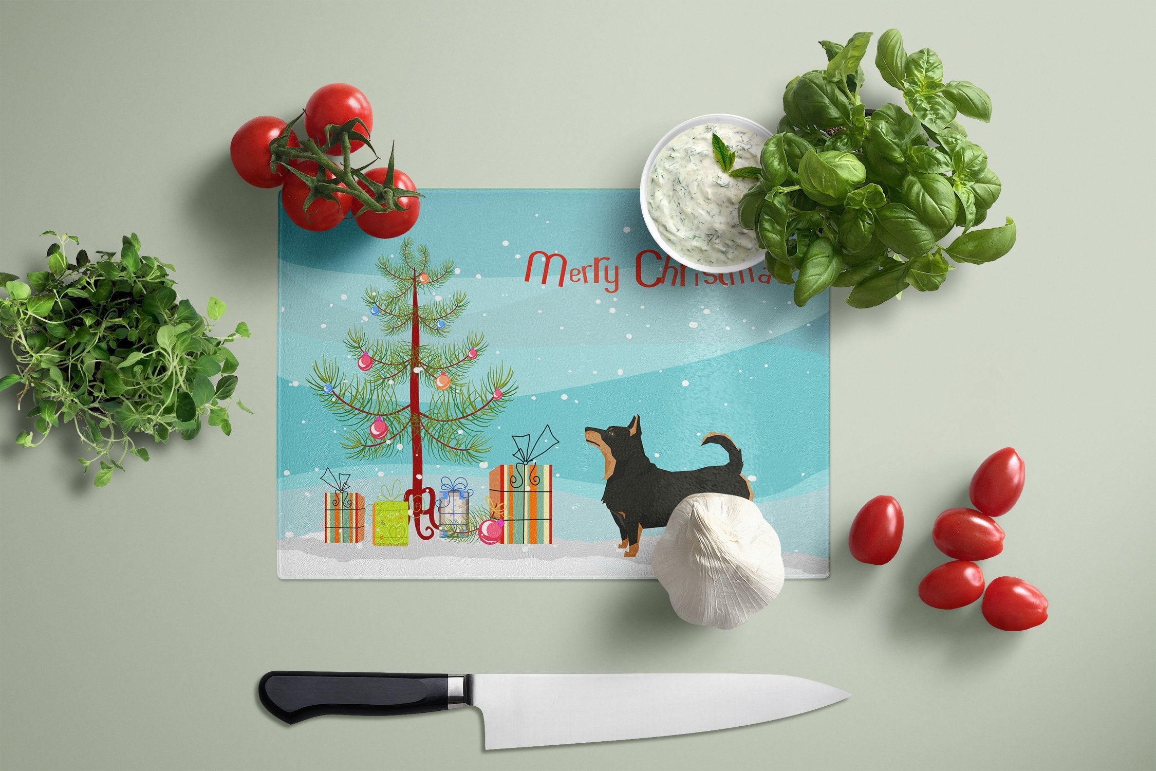 Lancashire Terrier Christmas Tree Cutting Board Tempered Glass Kitchen Cutting Surface, Heat Resistant Chopping, Non-Slip Feet, Food Prep & Serving