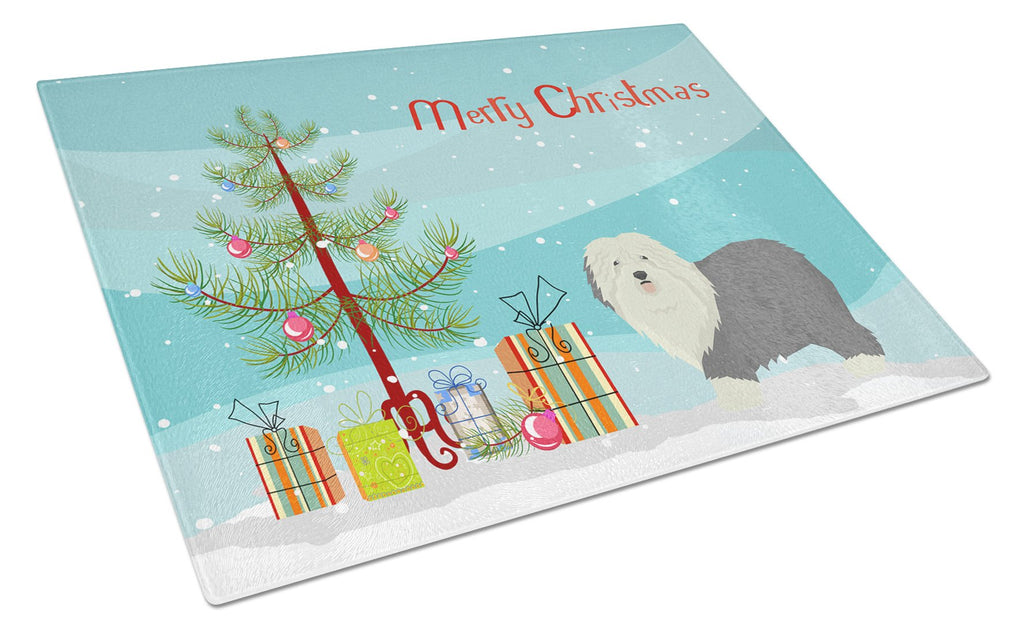 Old English Sheepdog Christmas Tree Cutting Board Tempered Glass Kitchen Cutting Surface, Heat Resistant Chopping, Non-Slip Feet, Food Prep & Serving