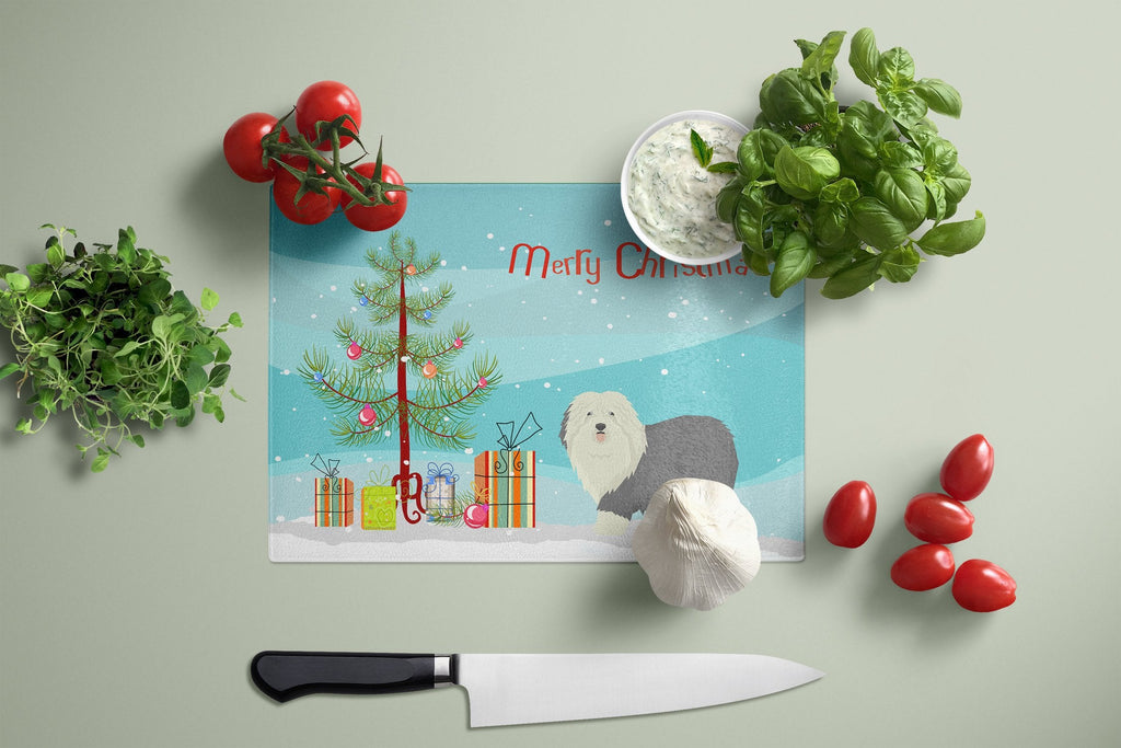 Old English Sheepdog Christmas Tree Cutting Board Tempered Glass Kitchen Cutting Surface, Heat Resistant Chopping, Non-Slip Feet, Food Prep & Serving