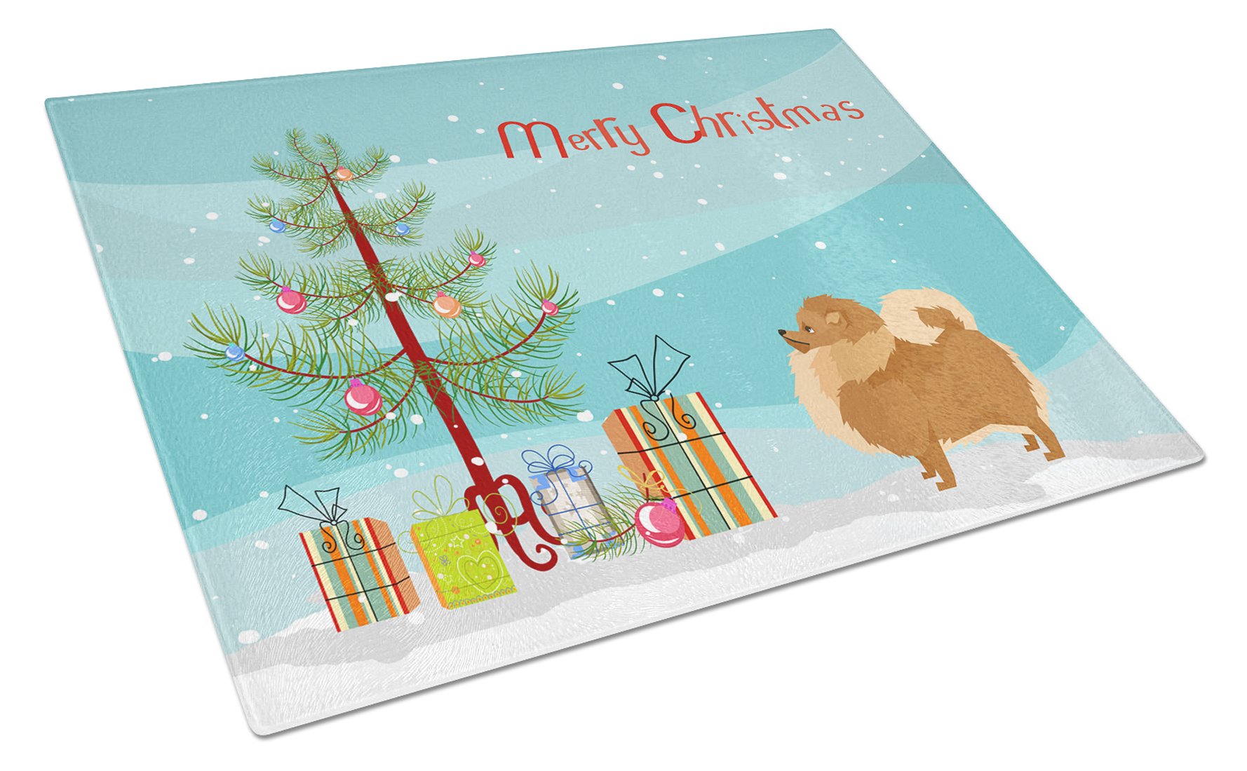Pomeranian Christmas Tree Cutting Board Tempered Glass Kitchen Cutting Surface, Heat Resistant Chopping, Non-Slip Feet, Food Prep & Serving